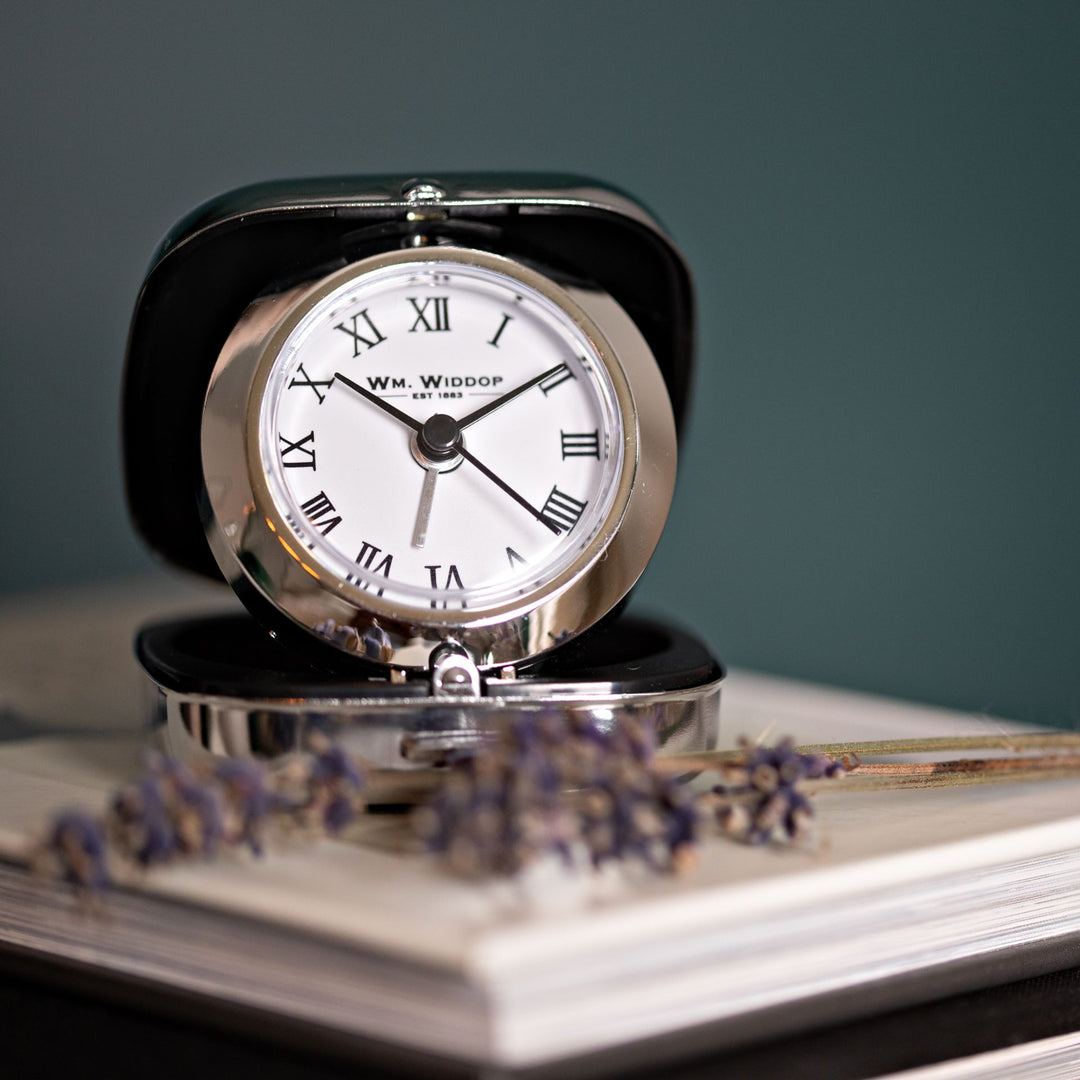 Metal Fold Up Alarm Clock Roman Dial White