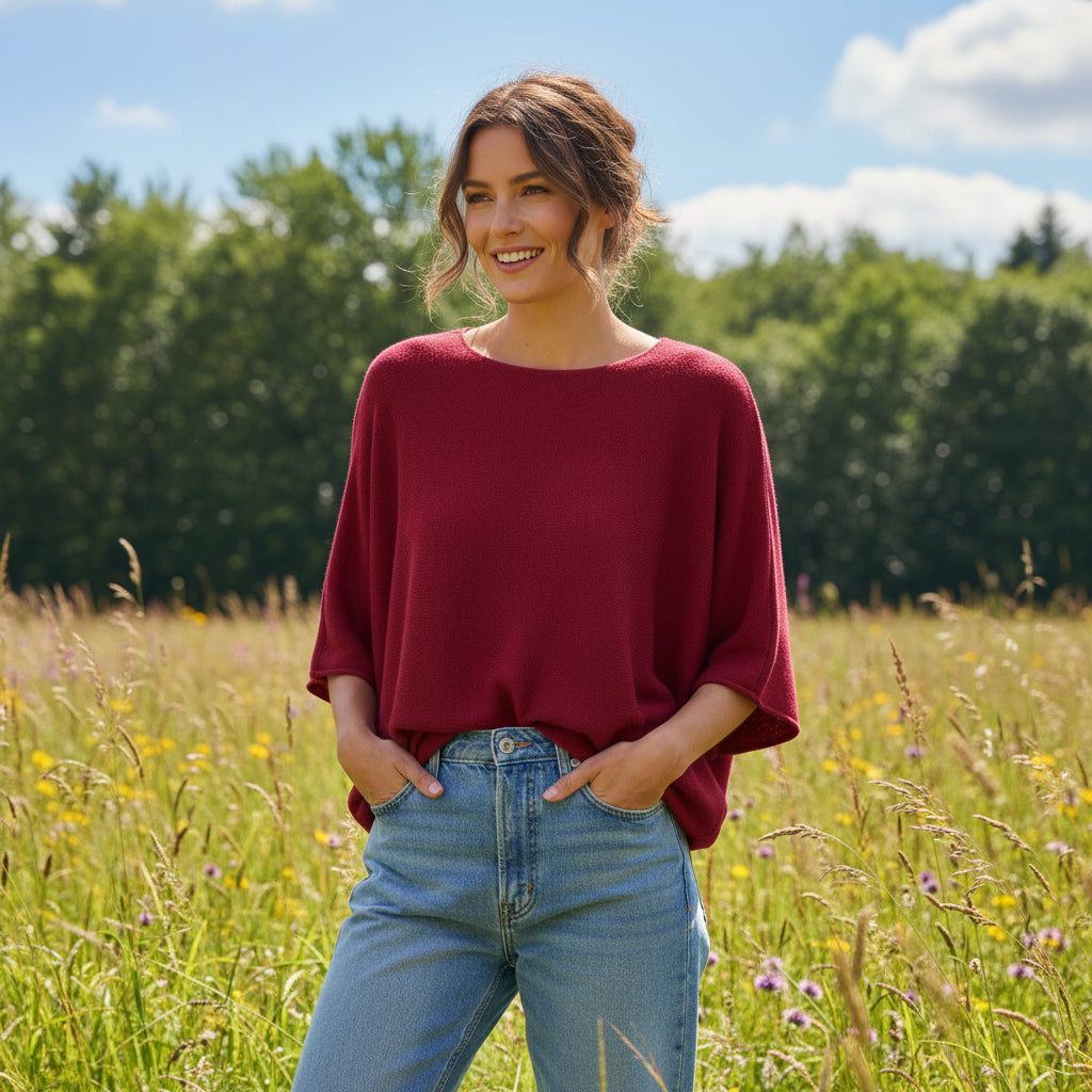 Addie Relaxed Fit Burgundy Half Sleeve Jumper - Sugarplum Boutique
