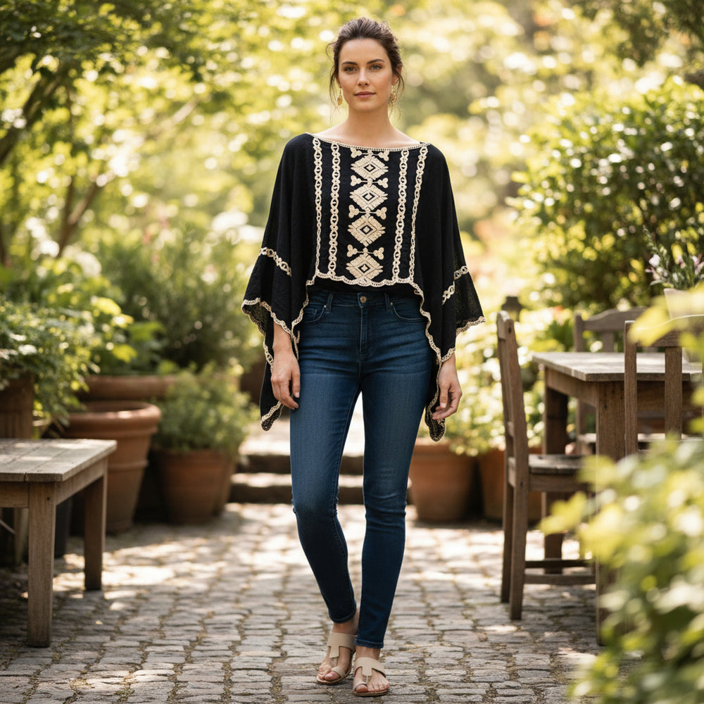 Aerial Cotton Embroidered Black Poncho Style Top - Sugarplum Boutique