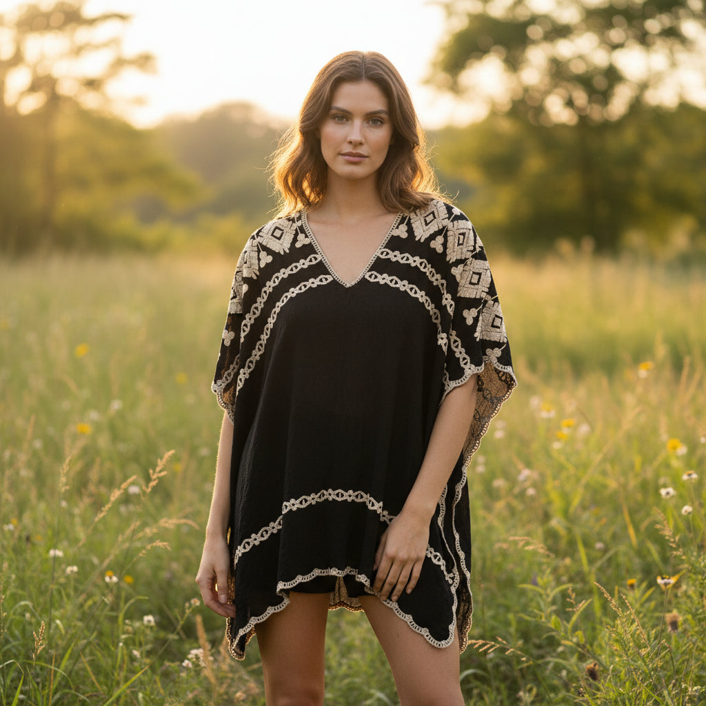 Aerial Cotton Embroidered Black Poncho Style Top - Sugarplum Boutique