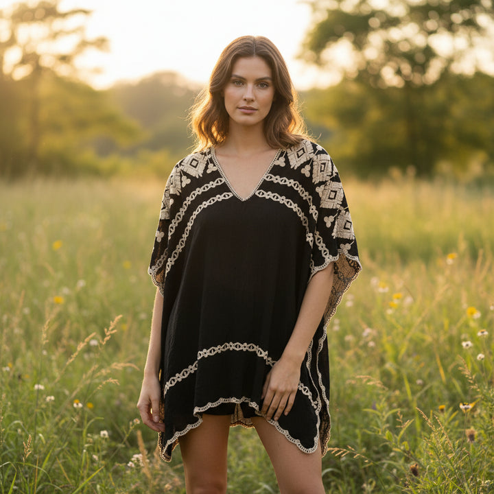 Aerial Cotton Embroidered Black Poncho Style Top - Sugarplum Boutique