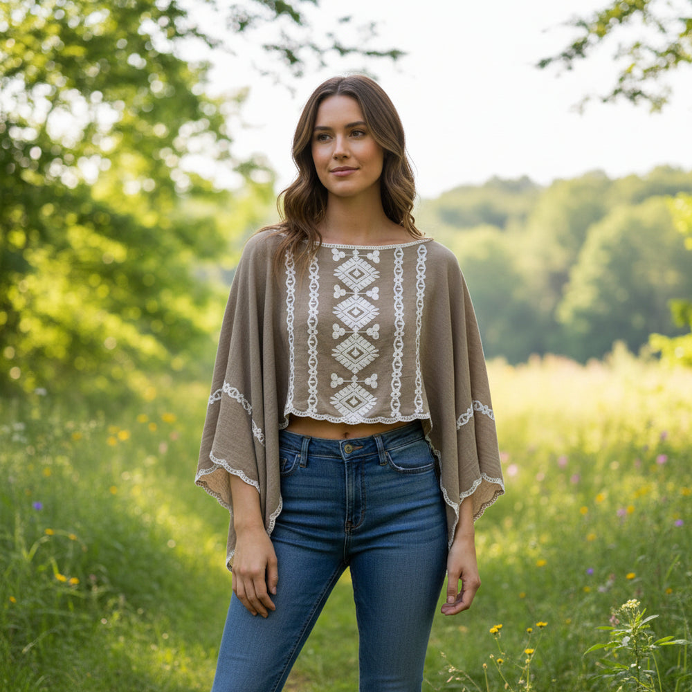 Aerial Cotton Embroidered Mocha Brown Poncho Style Top - Sugarplum Boutique