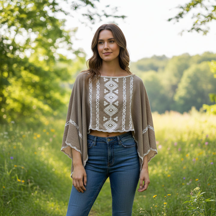 Aerial Cotton Embroidered Mocha Brown Poncho Style Top - Sugarplum Boutique