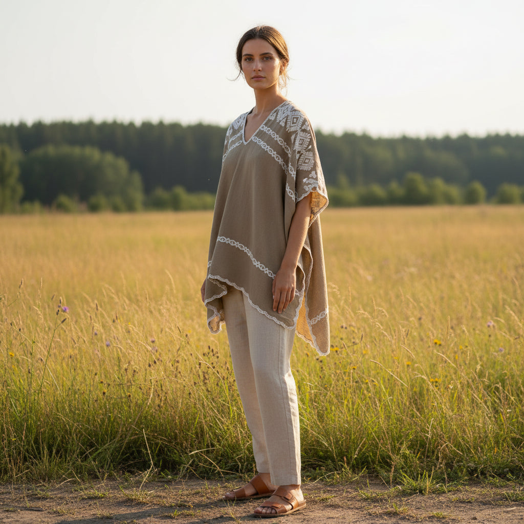Aerial Cotton Embroidered Mocha Brown Poncho Style Top - Sugarplum Boutique