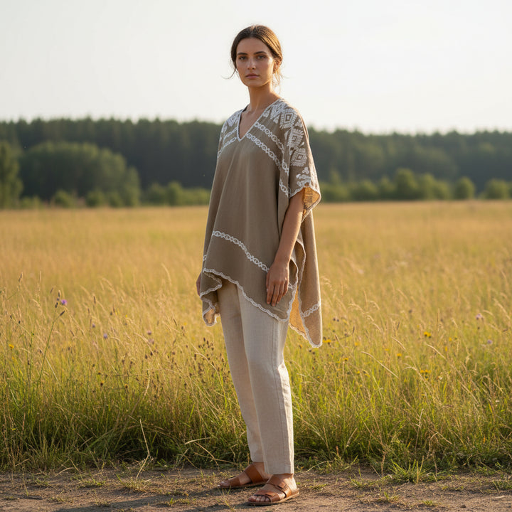 Aerial Cotton Embroidered Mocha Brown Poncho Style Top - Sugarplum Boutique