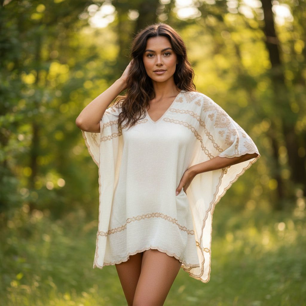Aerial Cotton Embroidered Stone Poncho Style Top - Sugarplum Boutique