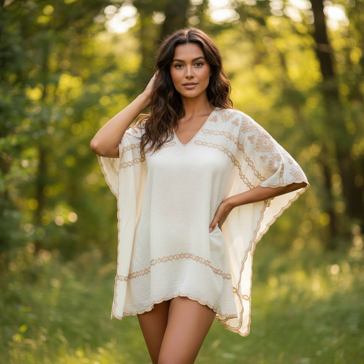Aerial Cotton Embroidered Stone Poncho Style Top - Sugarplum Boutique