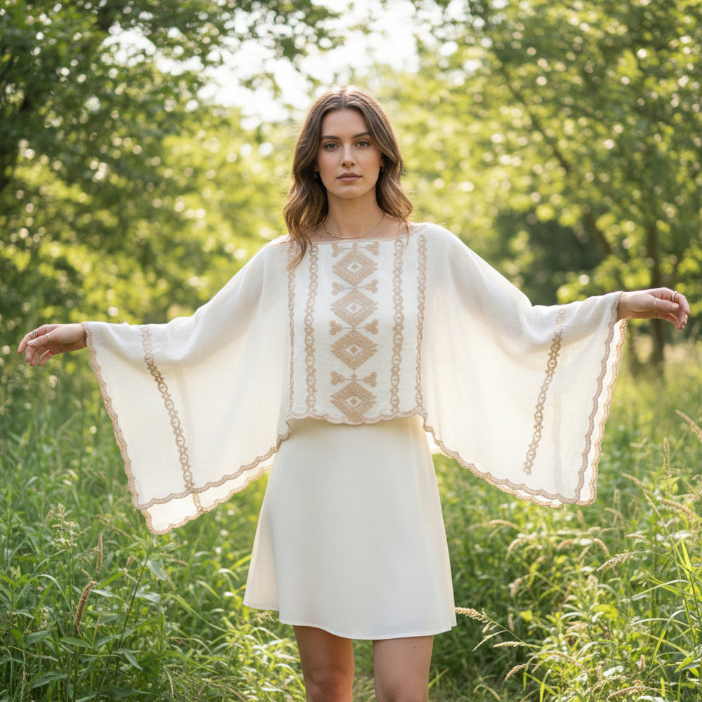 Aerial Cotton Embroidered Stone Poncho Style Top - Sugarplum Boutique