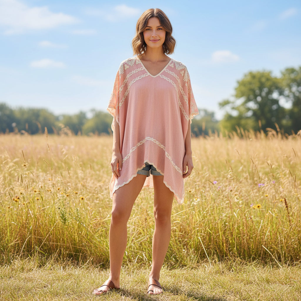 Aerial Cotton Embroidered Vintage Pink Poncho Style Top - Sugarplum Boutique