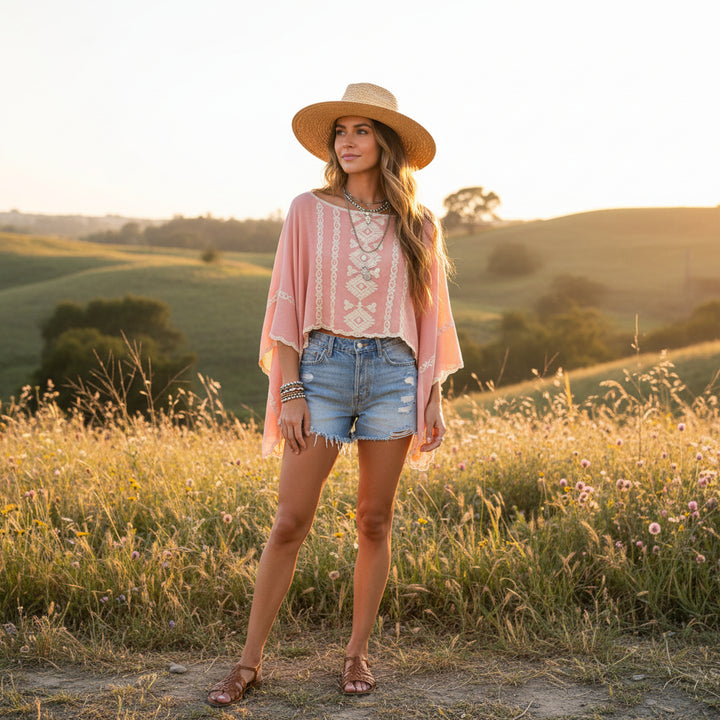 Aerial Cotton Embroidered Vintage Pink Poncho Style Top - Sugarplum Boutique