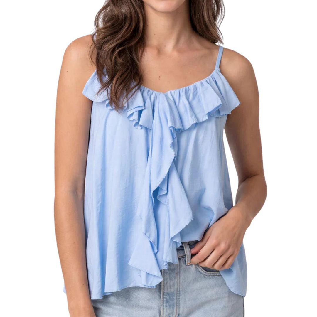 Alba Ruffle Neck Light Blue Spaghetti Strap Vest Top - Sugarplum Boutique