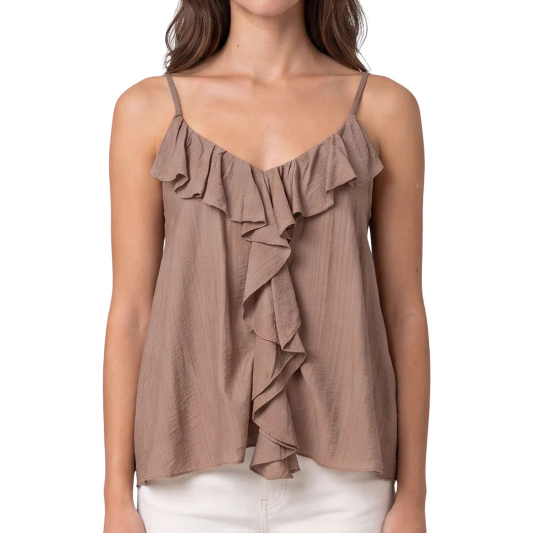 Alba Ruffle Neck Mocha Brown Spaghetti Strap Vest Top - Sugarplum Boutique