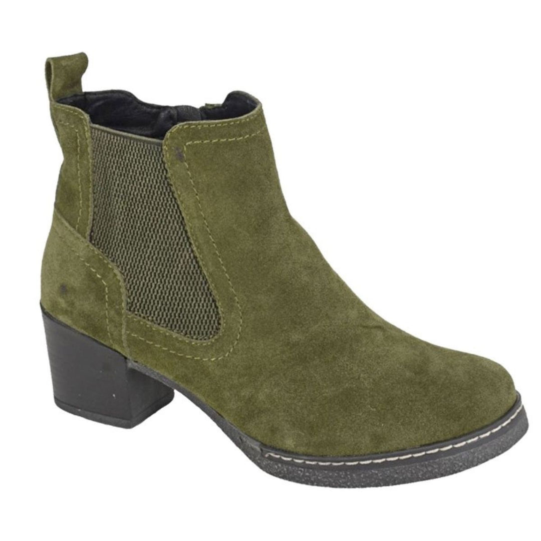 Alessina Short Suede Leather Block Heel Boots Khaki Green - Sugarplum Boutique