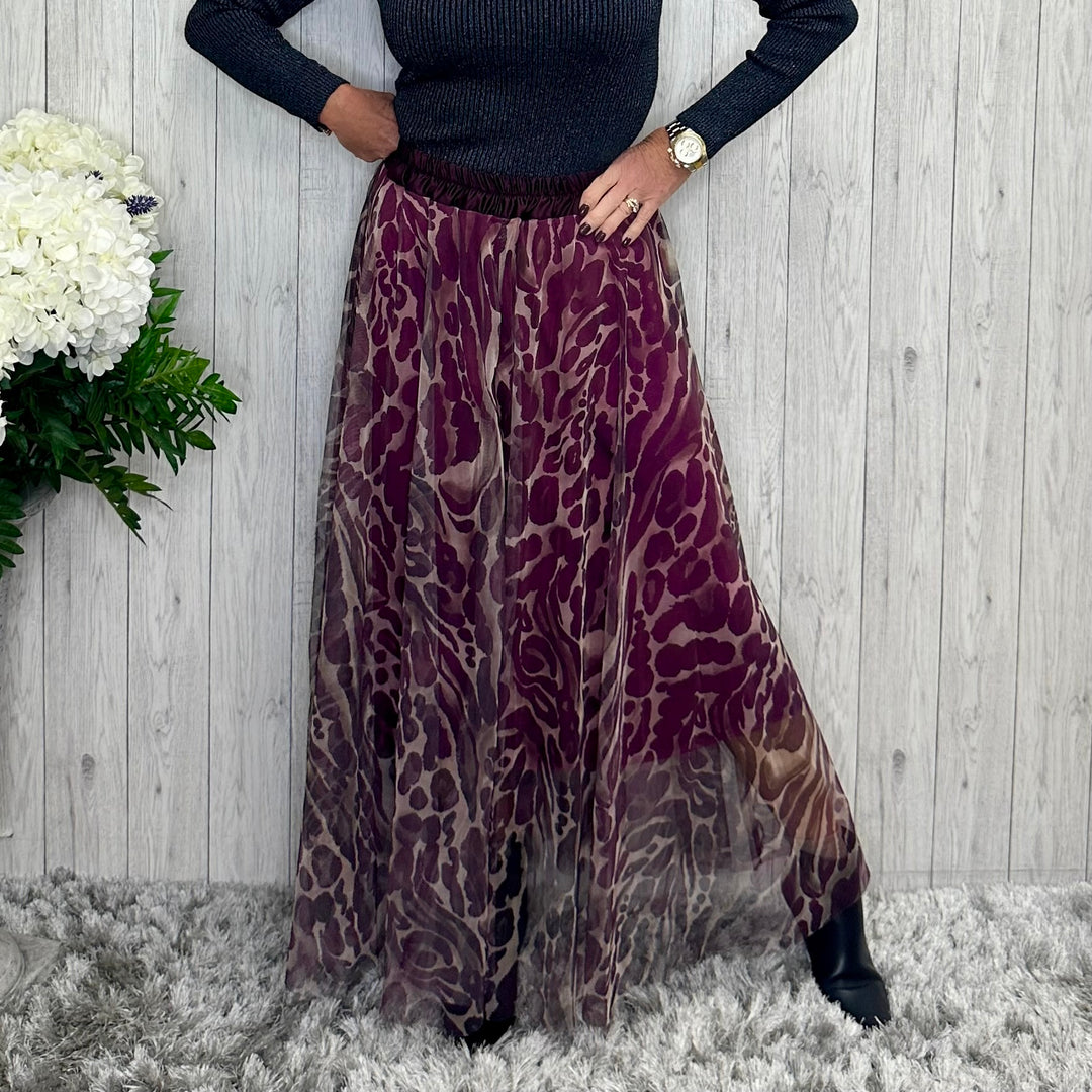 Alicia Burgandy Red Animal Print Tulle Lined Skirt - Sugarplum Boutique
