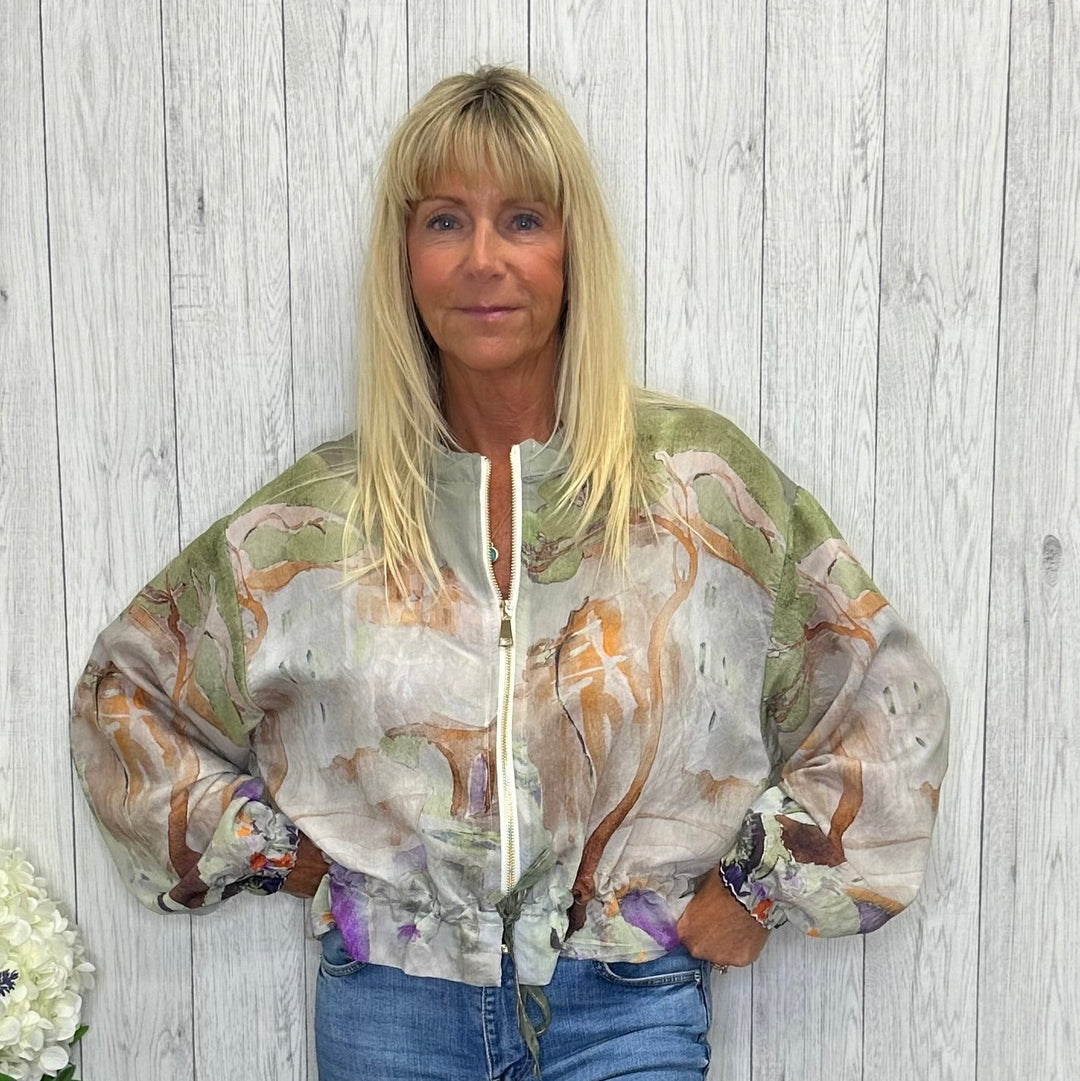 Alma Abstract Print Zipped Bomber Jacket Cream - Sugarplum Boutique