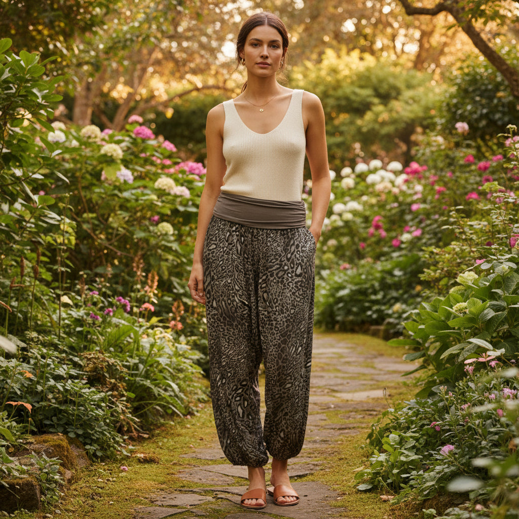 Alresford Animal Print Mocha Brown Harem Trousers - Sugarplum Boutique