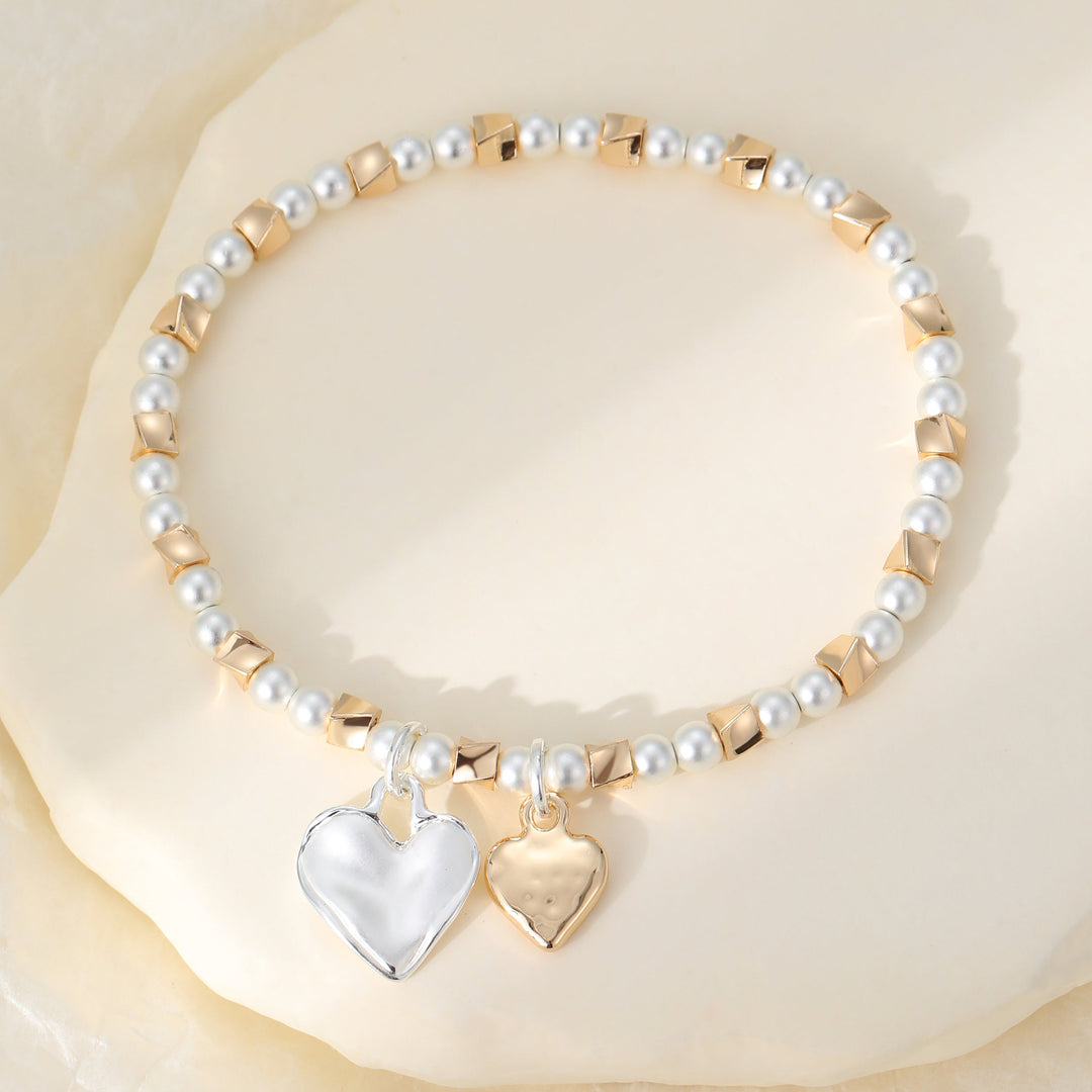 Alyson Double Heart Beaded Silver Gold Stretch Bracelet - Sugarplum Boutique