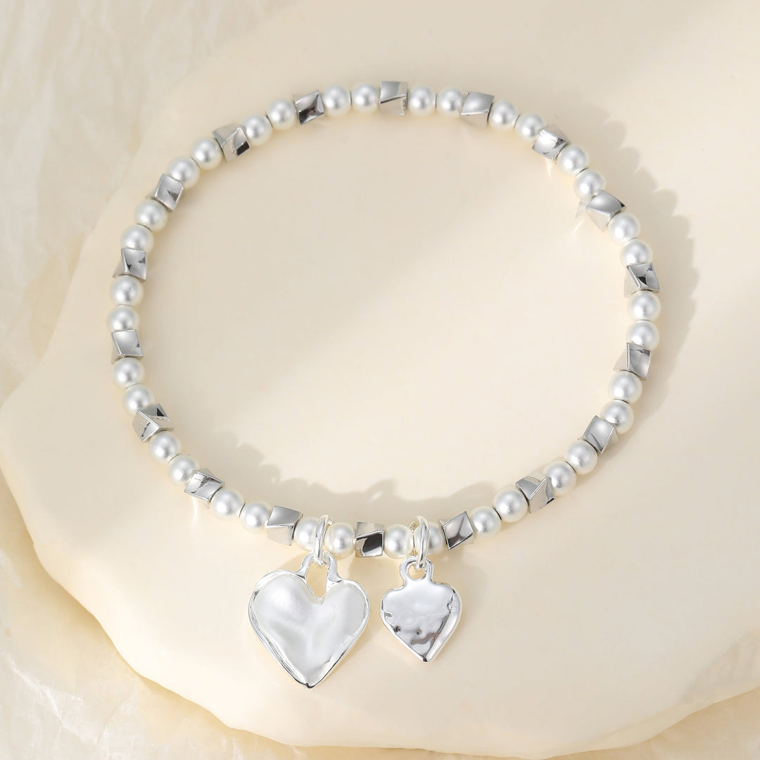 Alyson Double Heart Beaded Silver Stretch Bracelet - Sugarplum Boutique