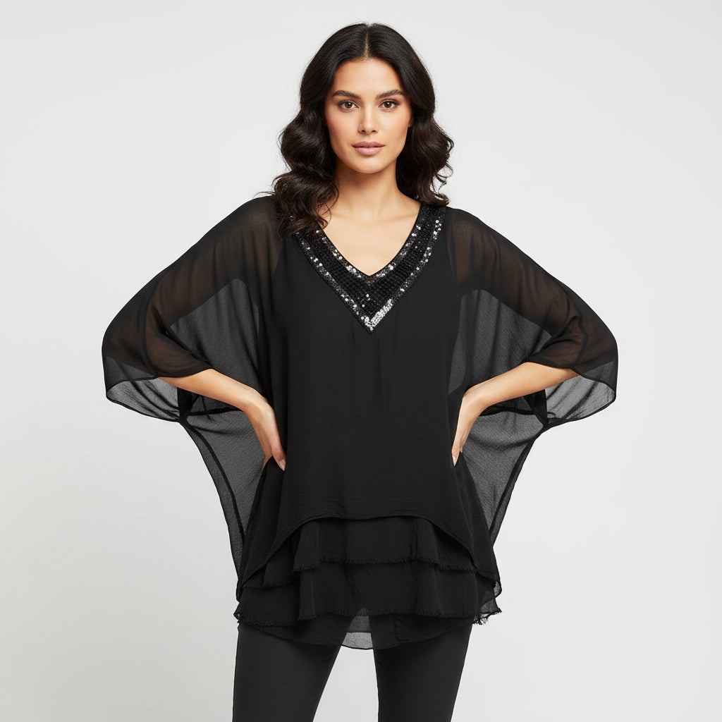 Amber Silk Mix Black Crochet Sequin Neck Top - Sugarplum Boutique