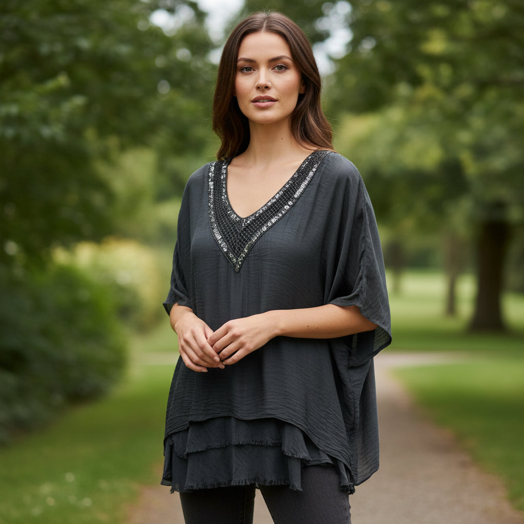 Amber Silk Mix Charcoal Grey Crochet Sequin Neck Top - Sugarplum Boutique