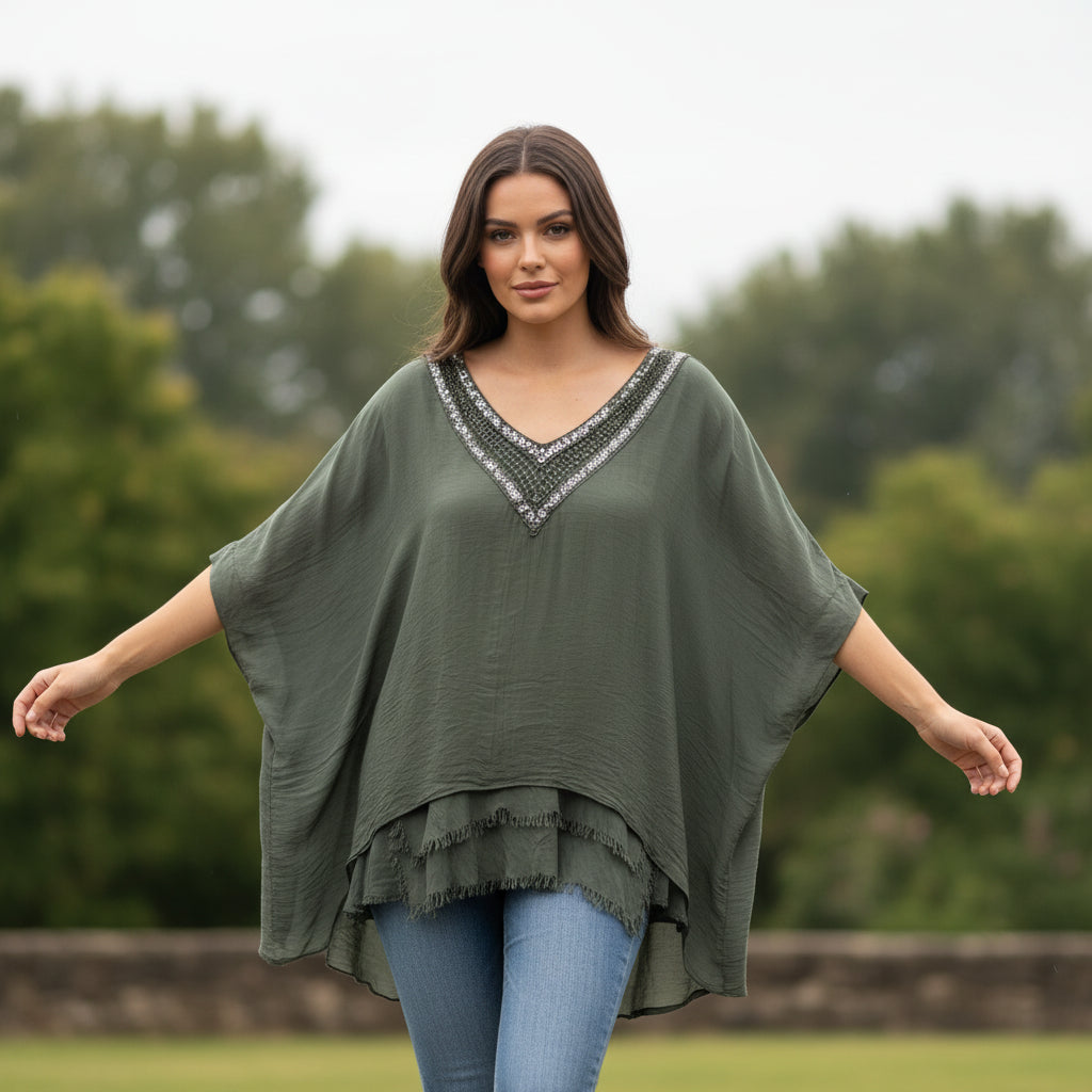 Amber Silk Mix Dark Khaki Green Crochet Sequin Neck Top - Sugarplum Boutique