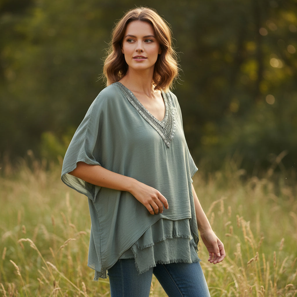 Amber Silk Mix Khaki Green Crochet Sequin Neck Top - Sugarplum Boutique