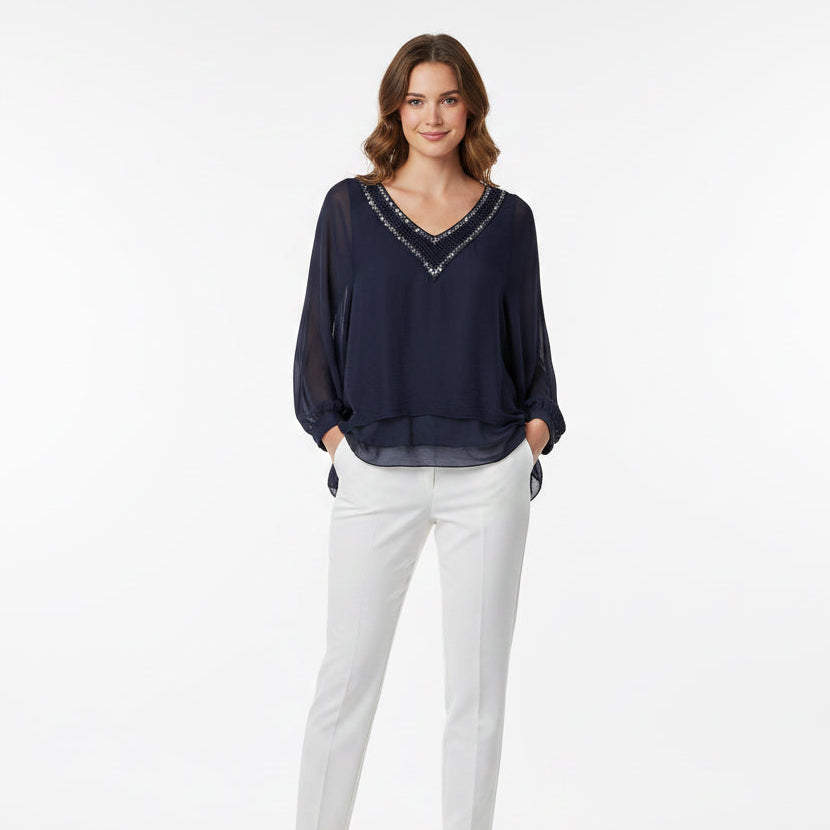 Amber Silk Mix Navy Blue Crochet Sequin Neck Top - Sugarplum Boutique