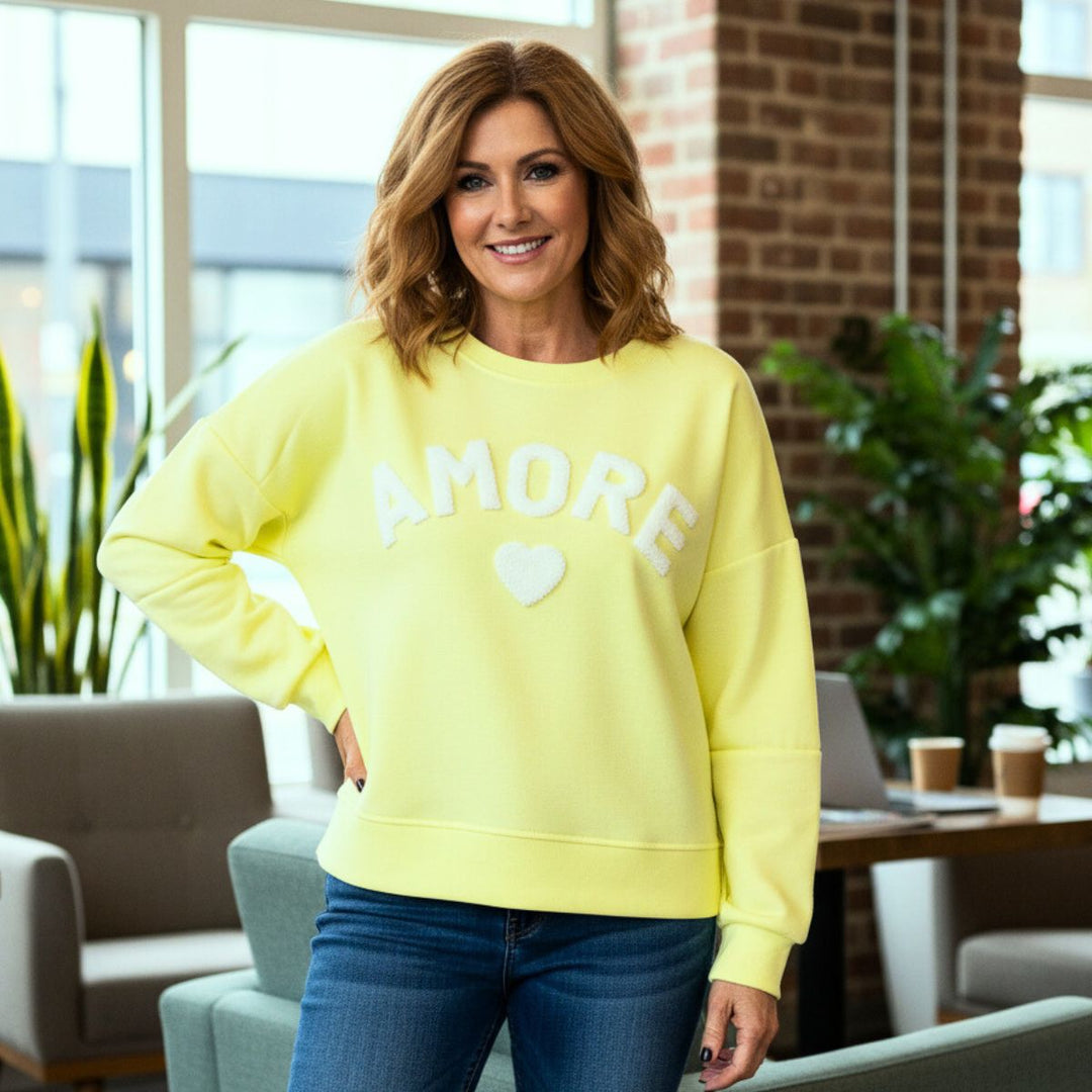 Amore Lemon Yellow Raised Motif Sweatshirt - Sugarplum Boutique
