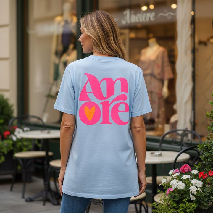 Amore Motif Light Blue Cotton T-Shirt - Sugarplum Boutique