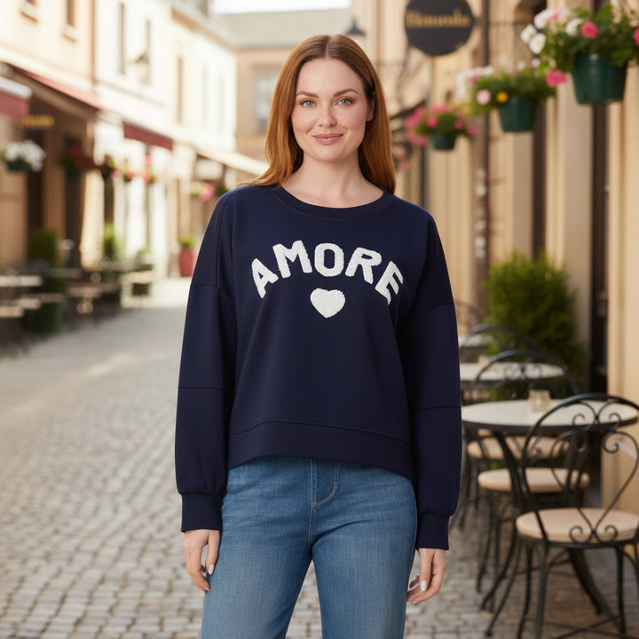 Amore Navy Blue Raised Motif Sweatshirt - Sugarplum Boutique