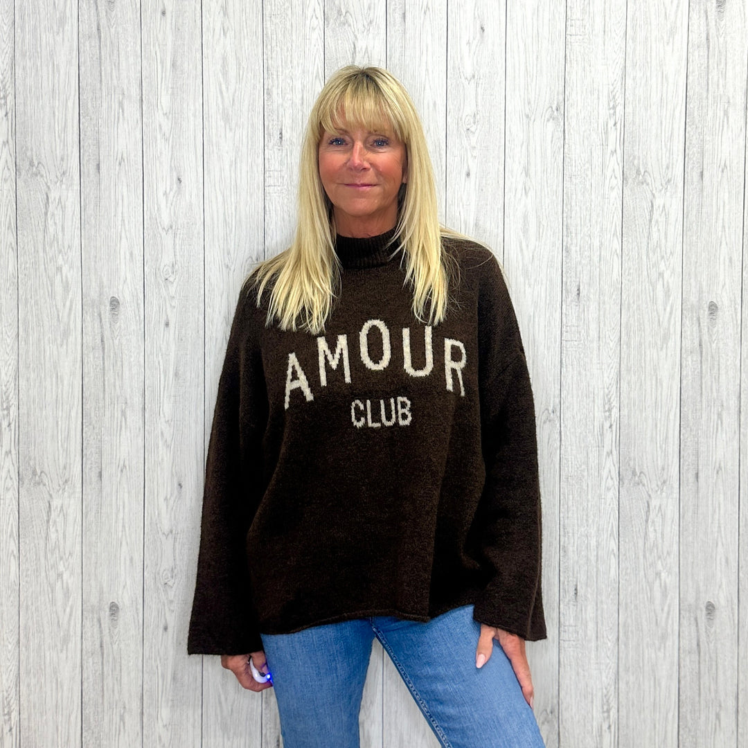 Amour Motif Wool Mix Jumper Chocolate Brown - Sugarplum Boutique