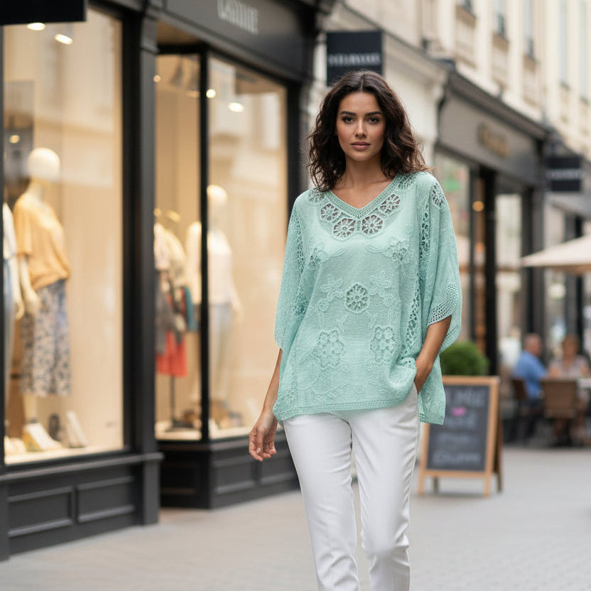 Amy Mesh Neck Mint Green Cotton Crochet Flower Design Top -Sugarplum Boutique
