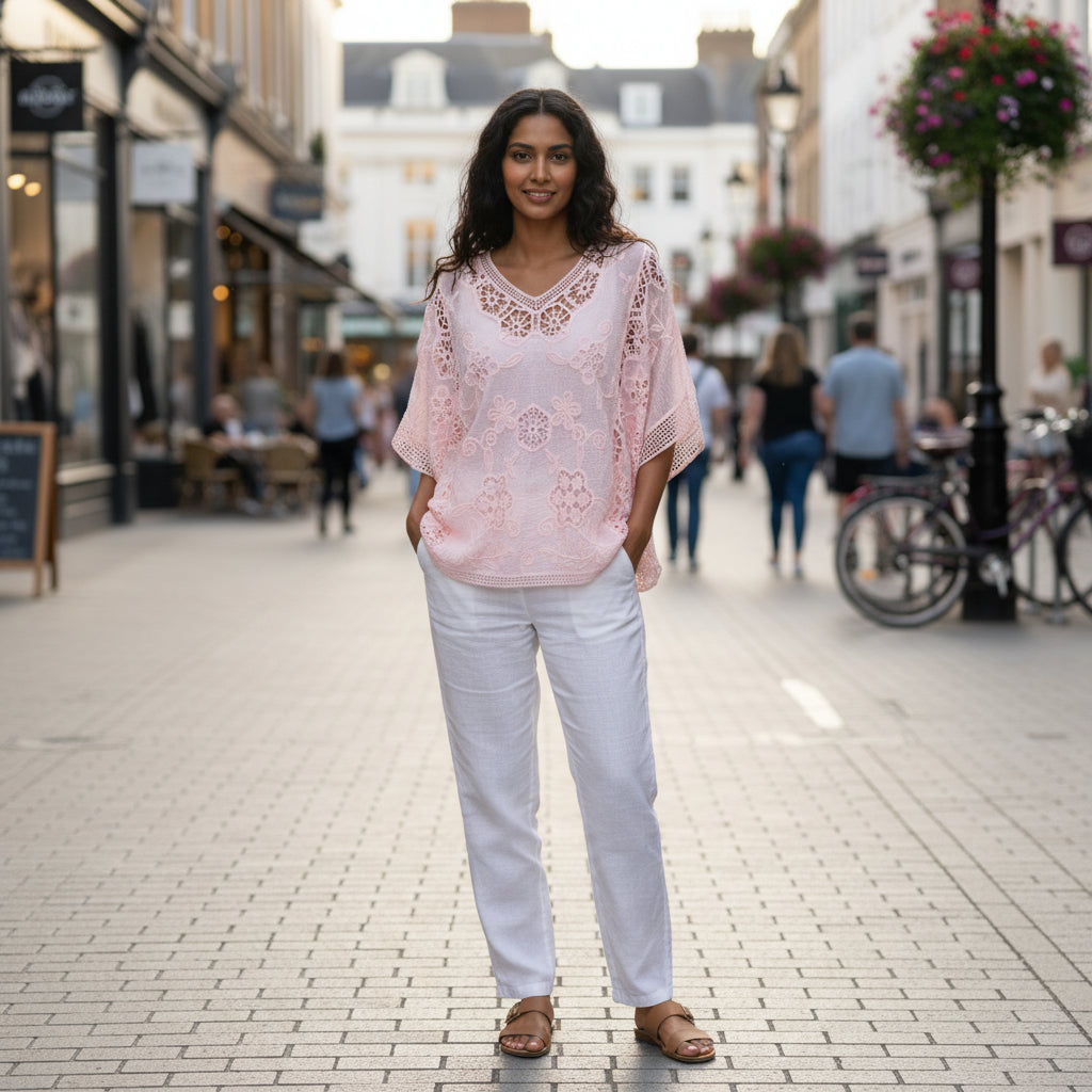 Amy Mesh Neck Pink Cotton Crochet Flower Design Top - Sugarplum Boutique