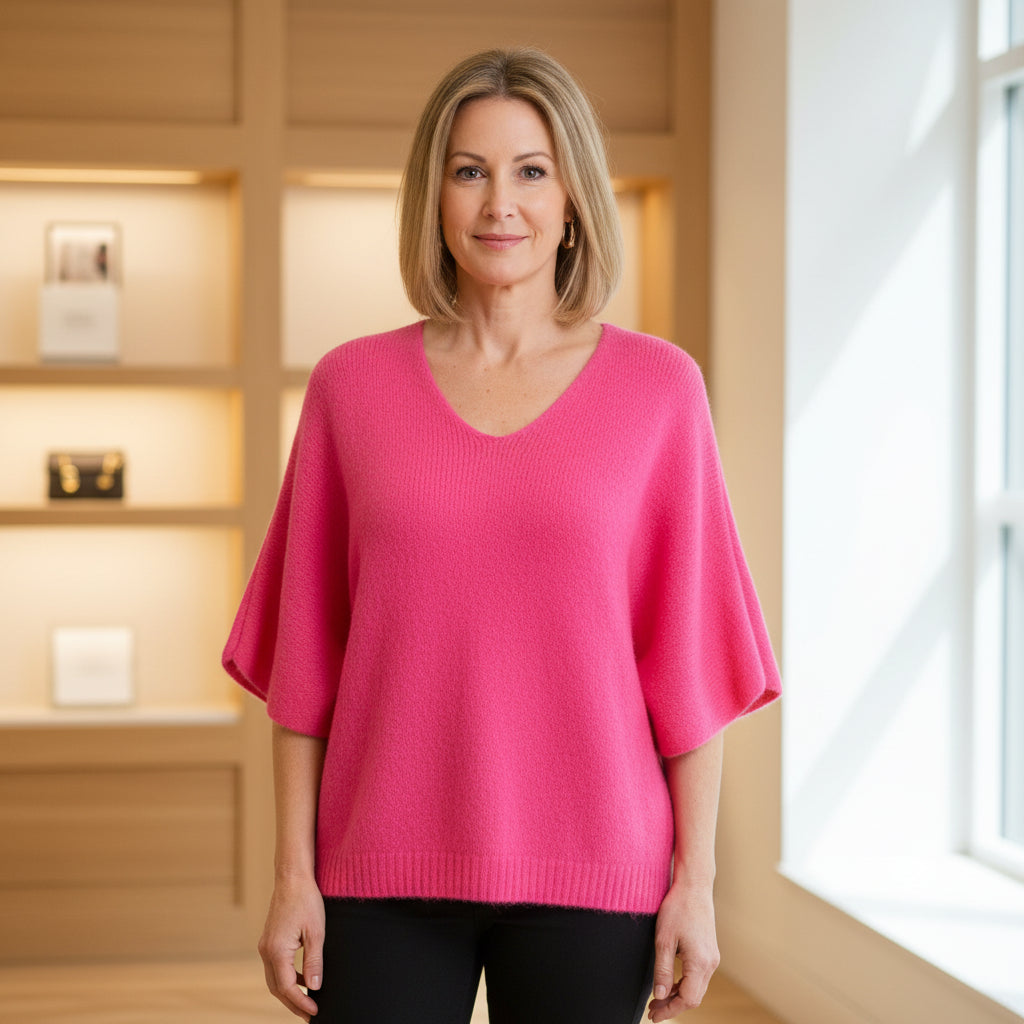 Angel Cerise Pink Alpaca Mix Half Sleeve V Neck Jumper - Sugarplum Boutique