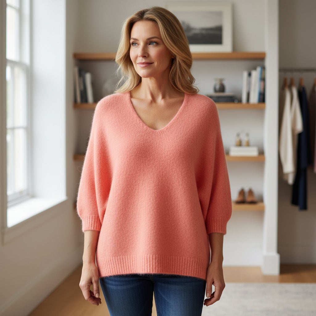 Angel Coral Alpaca Mix Half Sleeve V Neck Jumper - Sugarplum Boutique