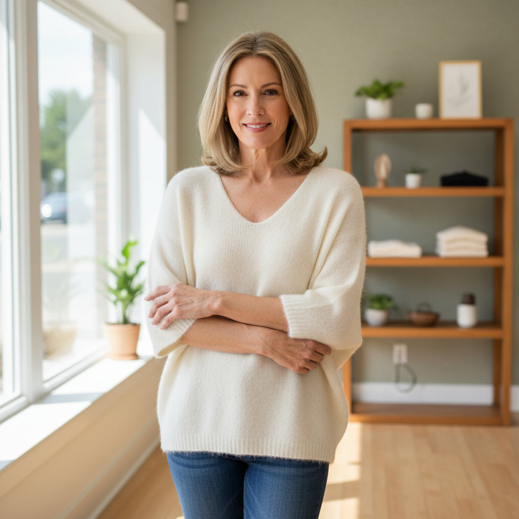 Angel Cream Alpaca Mix Half Sleeve V Neck Jumper - Sugarplum Boutique