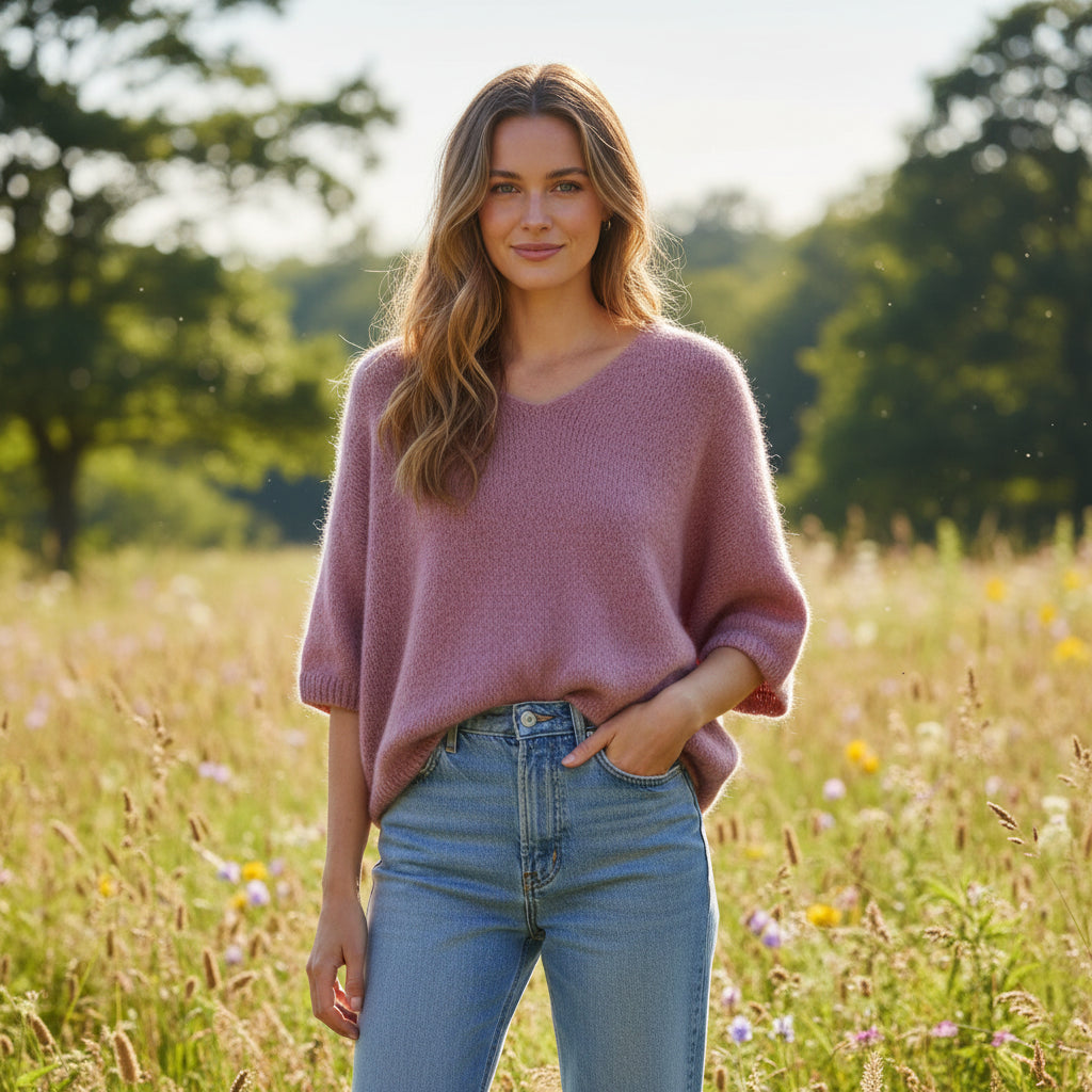 Angel Dusky Pink Alpaca Mix Half Sleeve V Neck Jumper - Sugarplum Boutique