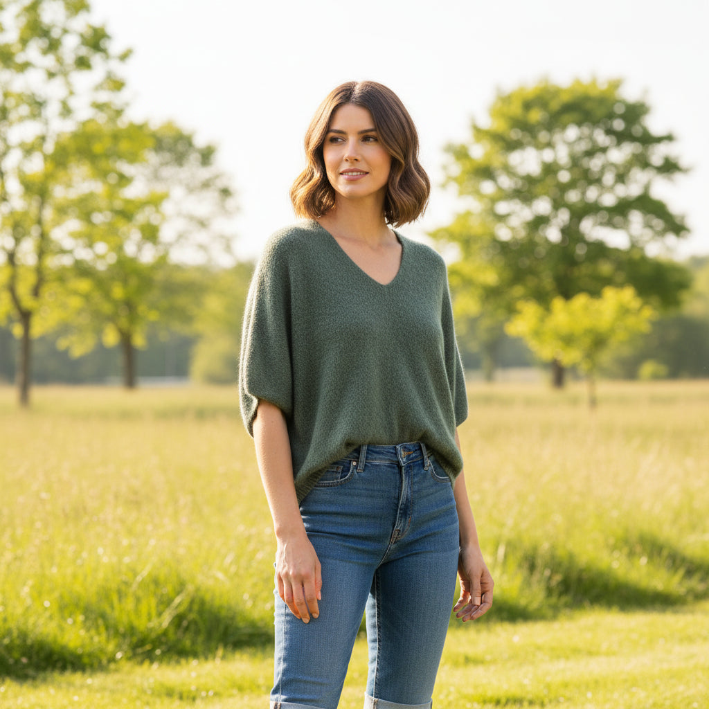 Angel Khaki Green Alpaca Mix Half Sleeve V Neck Jumper - Sugarplum Boutique