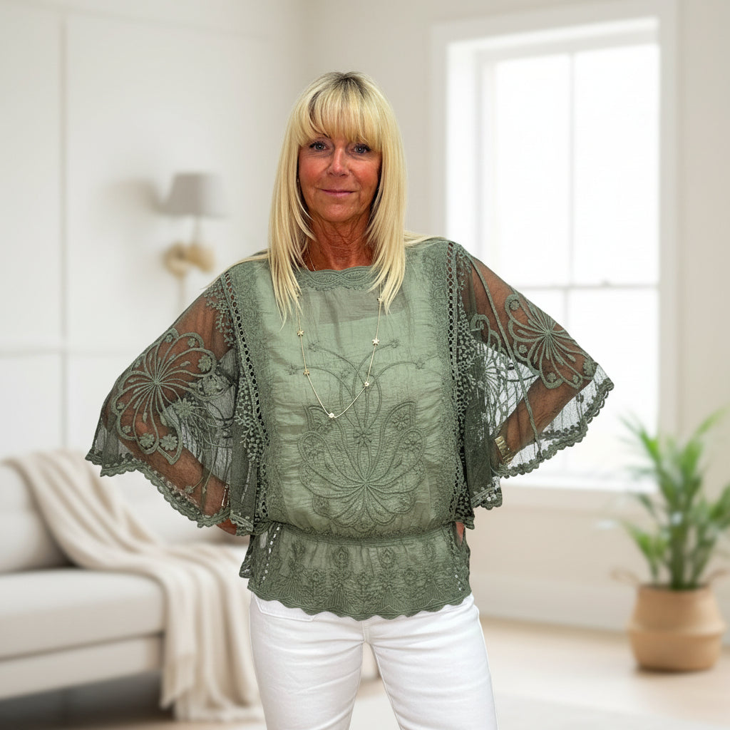 Angel Khaki Green Cotton Lace Crochet Top - Sugarplum Boutique