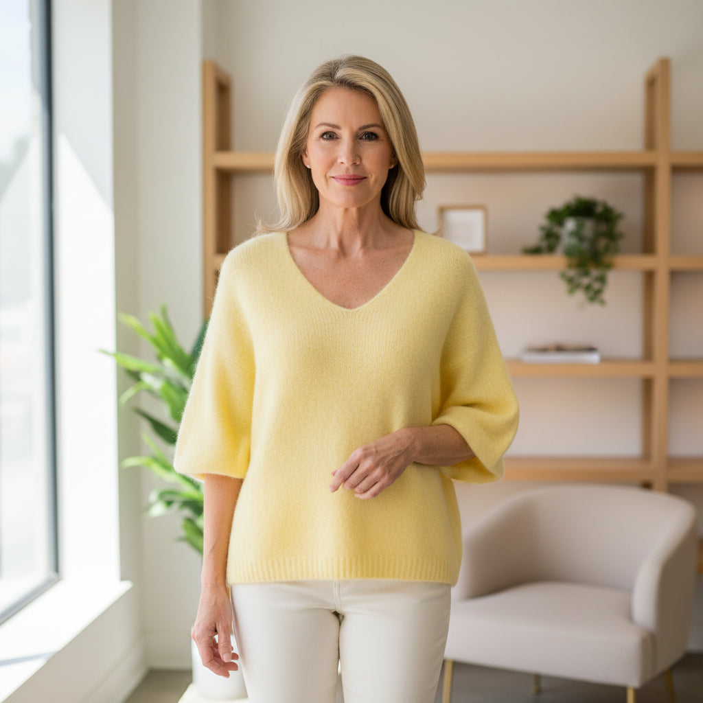 Angel Lemon Yellow Alpaca Mix Half Sleeve V Neck Jumper - Sugarplum Boutique