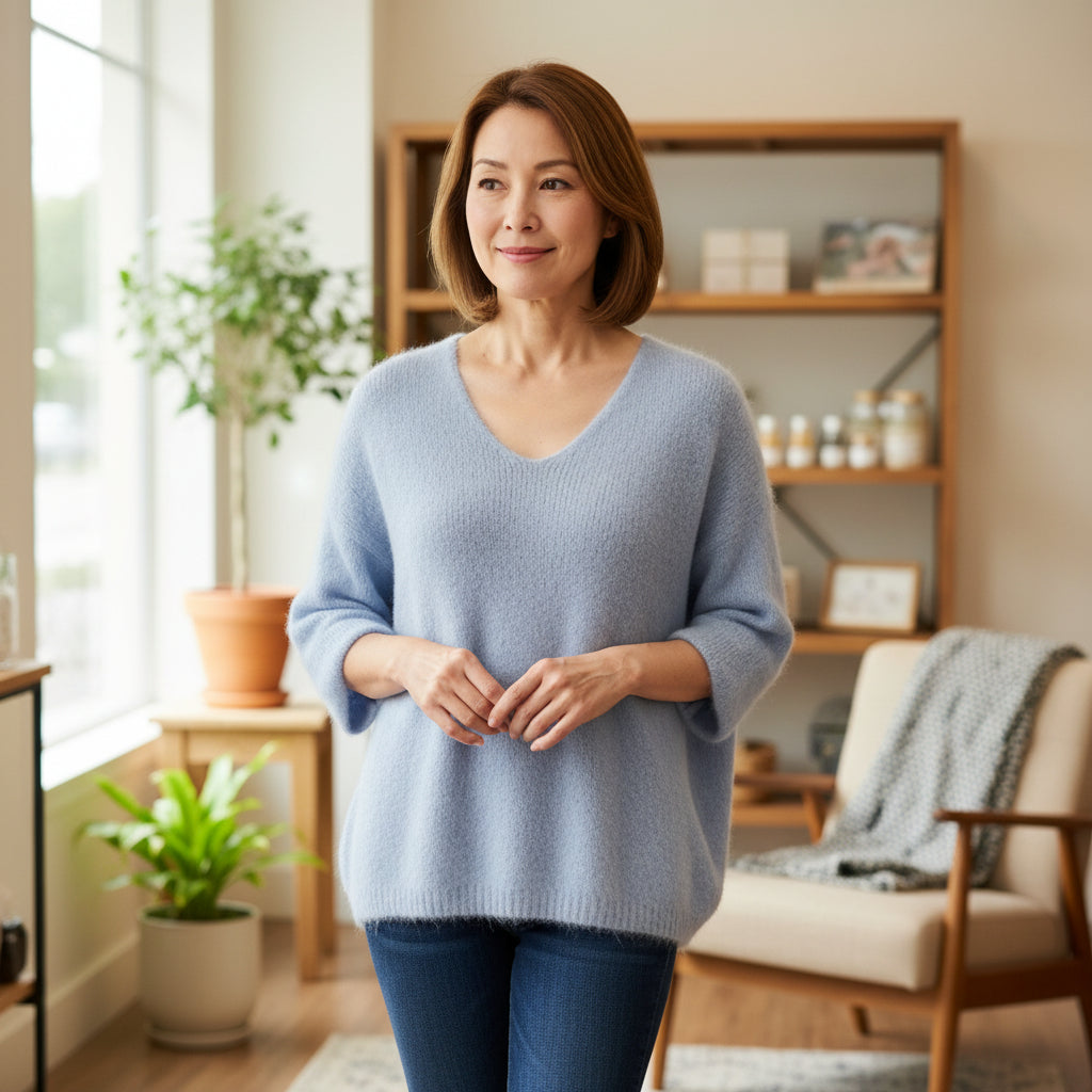 Angel Light Blue Alpaca Mix Half Sleeve V Neck Jumper - Sugarplum Boutique