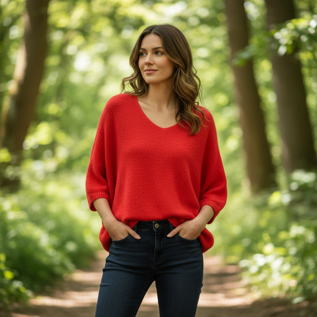 Angel Red Alpaca Mix Half Sleeve V Neck Jumper - Sugarplum Boutique