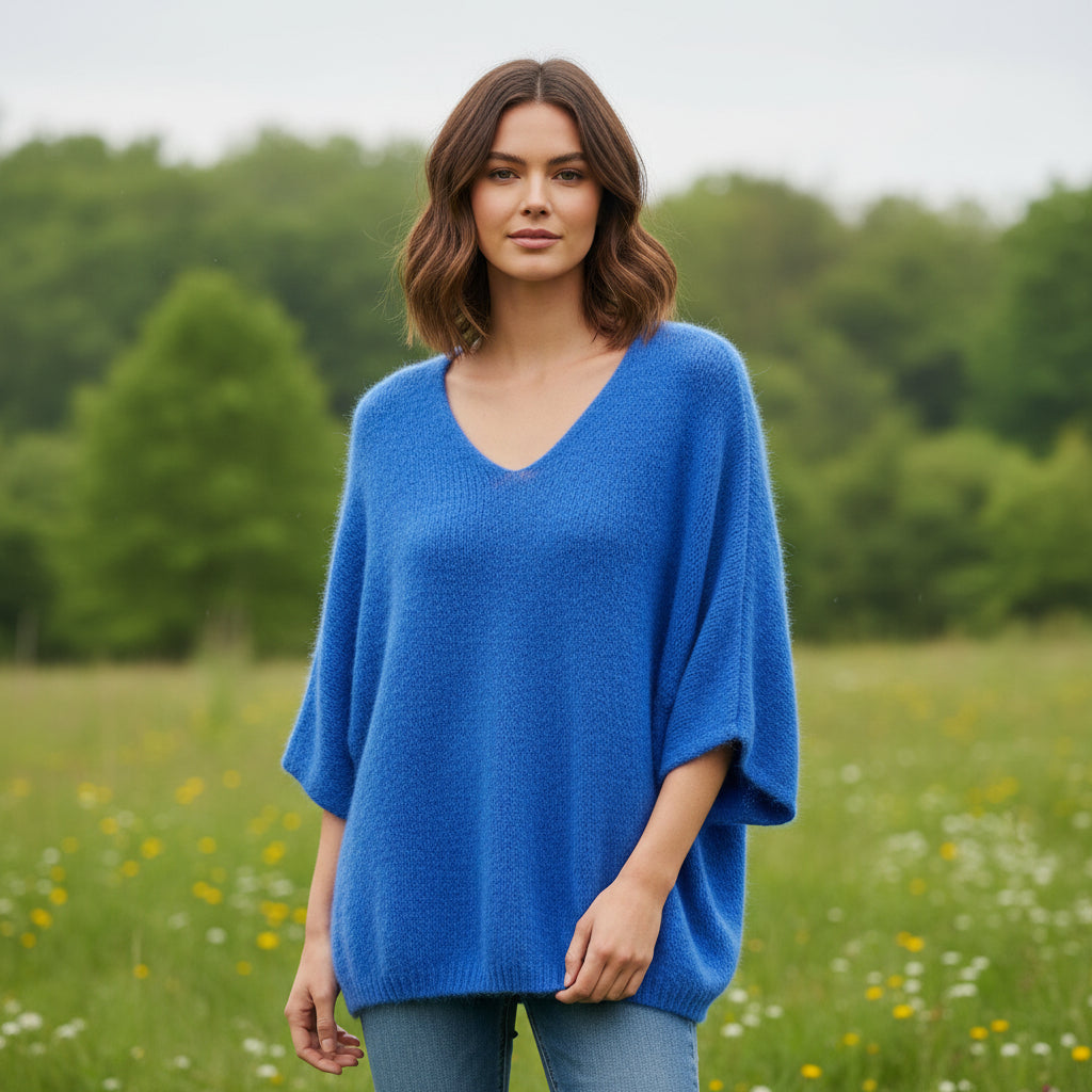 Angel Sky Blue Alpaca Mix Half Sleeve V Neck Jumper - Sugarplum Boutique