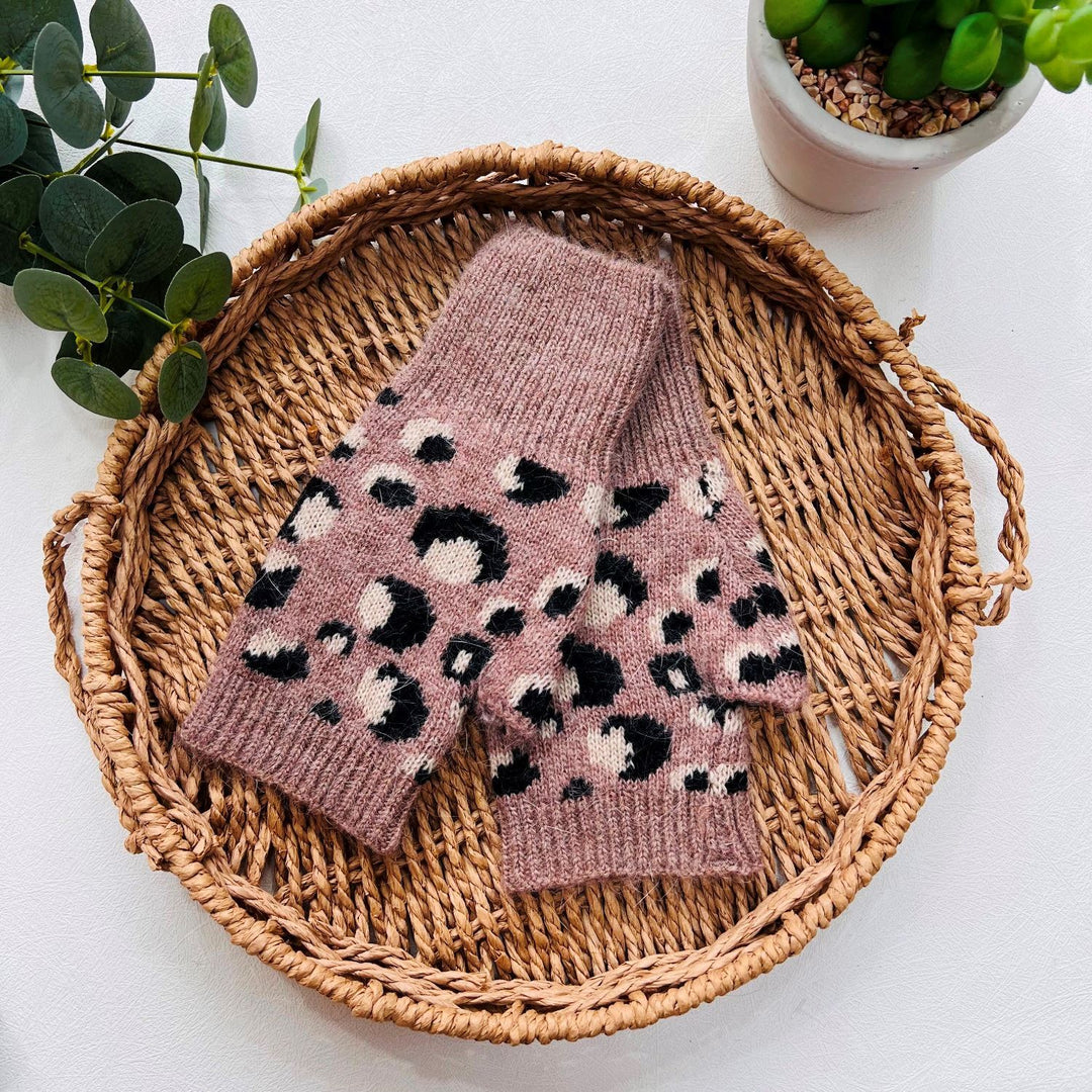Animal Print Knit Fingerless Gloves Mocha Brown - Sugarplum Boutique