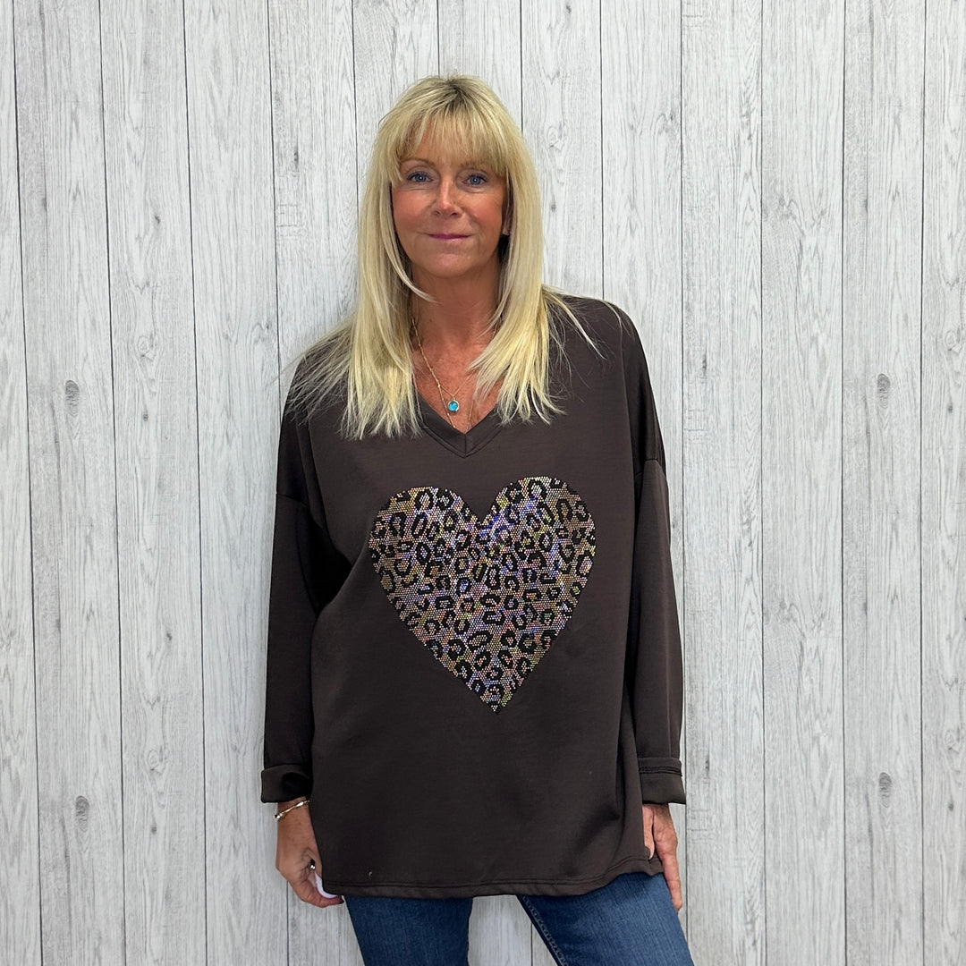 Animal Print Stud Heart Sweatshirt Top Chocolate Brown - Sugarplum Boutique