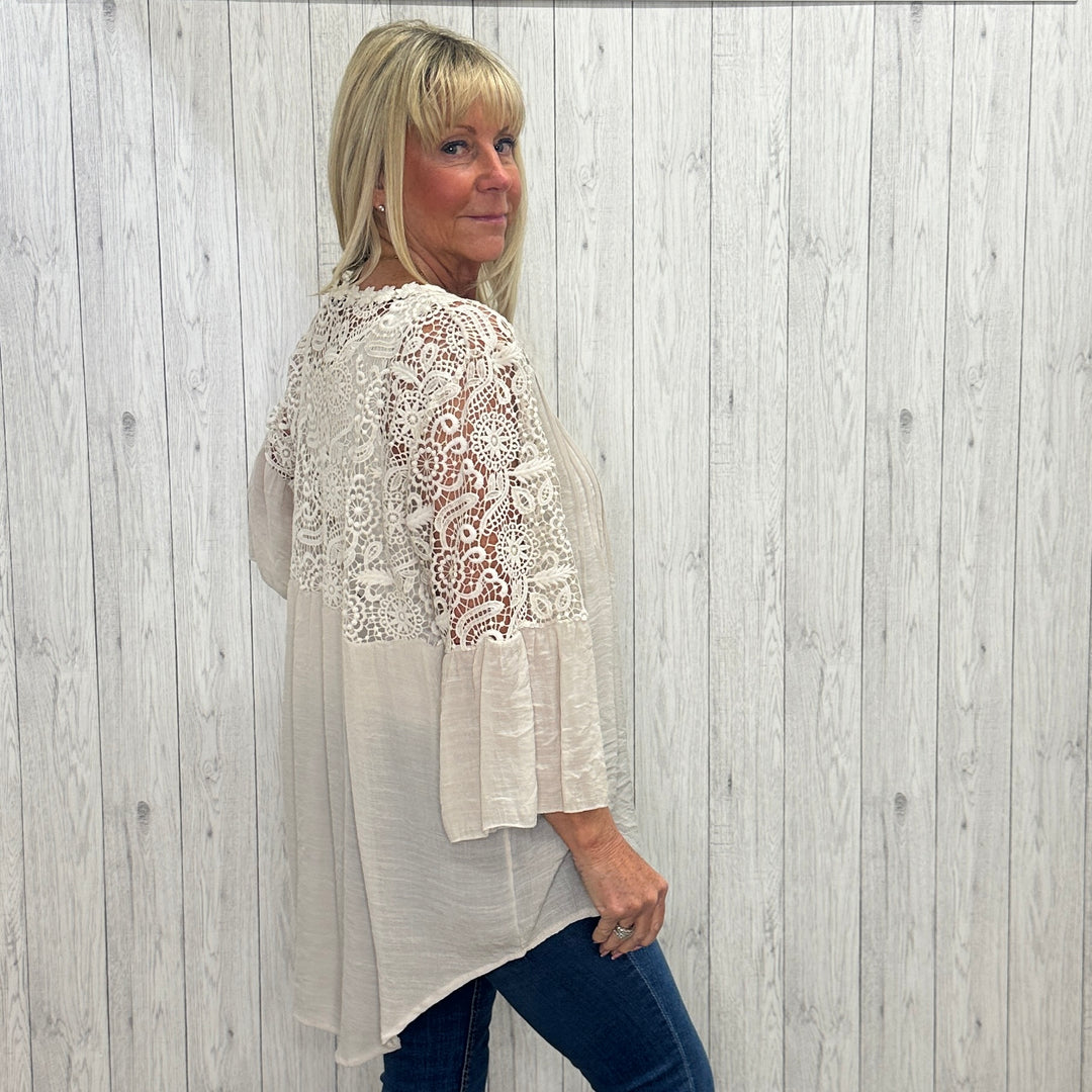 Anisa Crochet Detail Full Button Cotton Top Stone