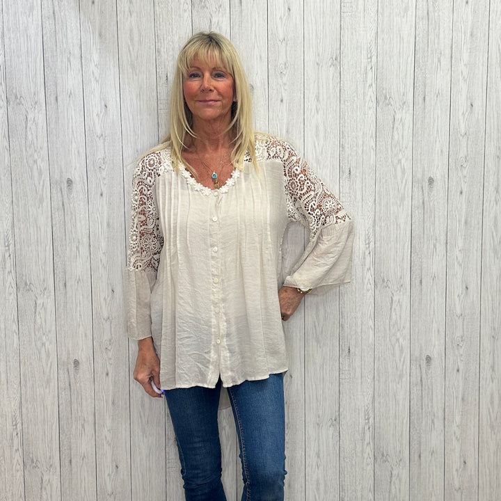 Anisa Crochet Detail Full Button Cotton Top Stone - Sugarplum Boutique