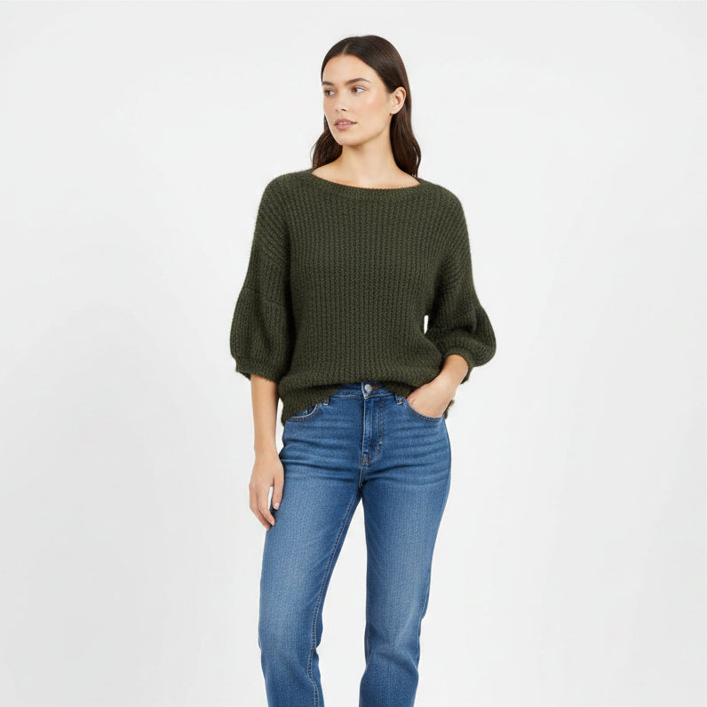 Anita Fluffy Khaki Green Half Sleeve Jumper - Sugarplum Boutique
