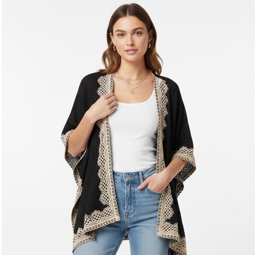 Aria Embroidered Black Waterfall Style Cotton Blend Kimono - Sugarplum Boutique