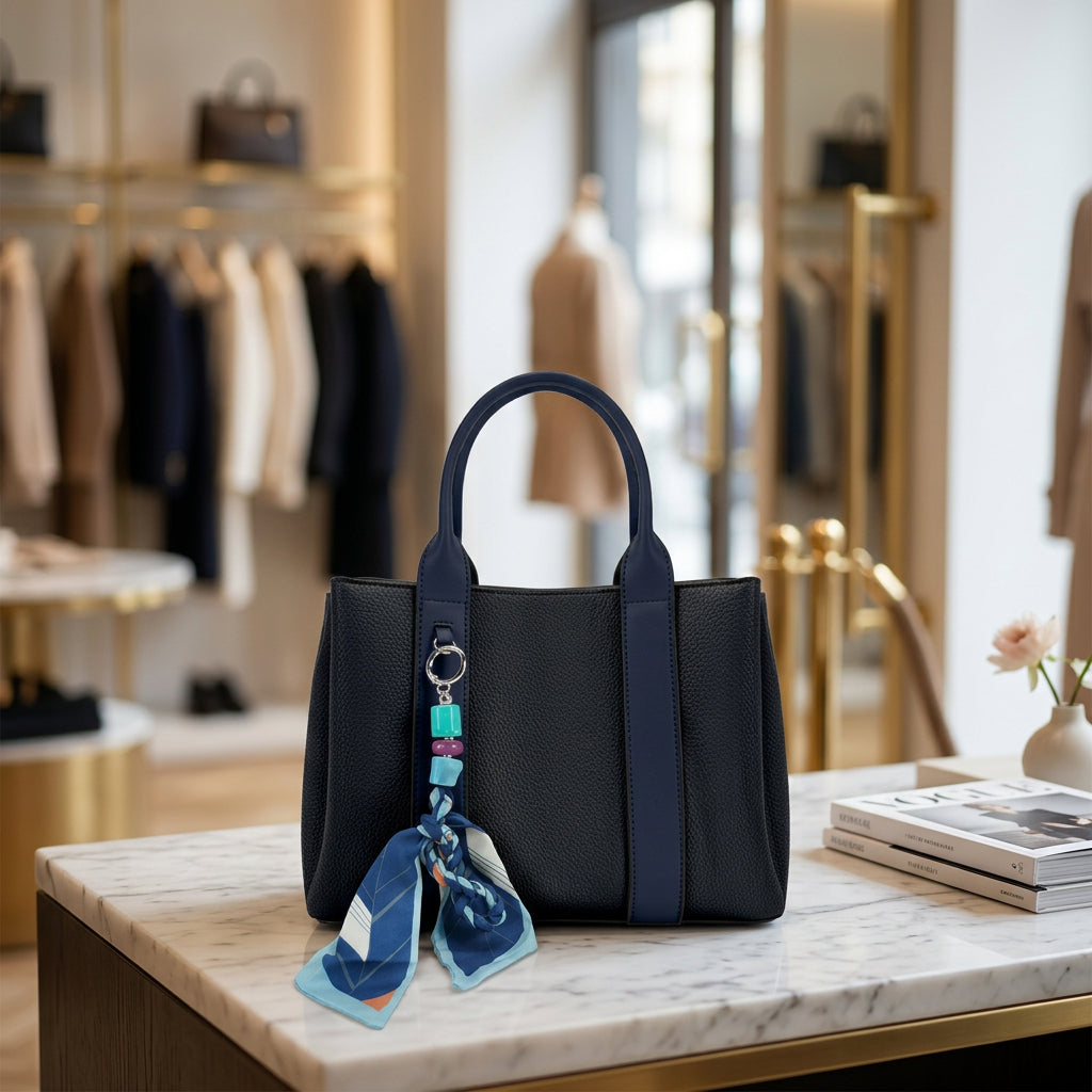 Asterix Faux Leather Navy Blue Keying Handbag - Sugarplum Boutique